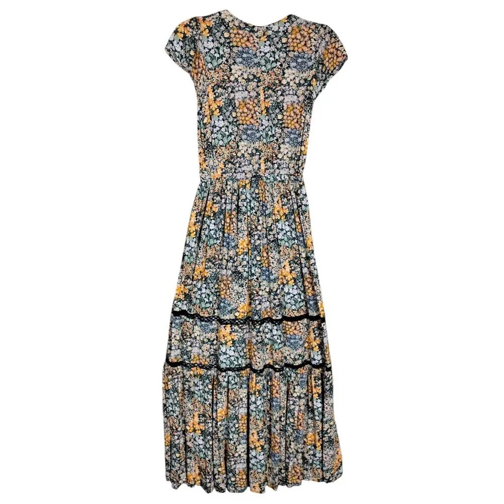 American Eagle Bohemian Dress Size XS Floral Maxi Length Short Sleeve Pullover - Picture 5 of 8